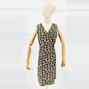 Vintage 90s The Limited Tan Blue Cotton Batik Floral Wrap Button Dress